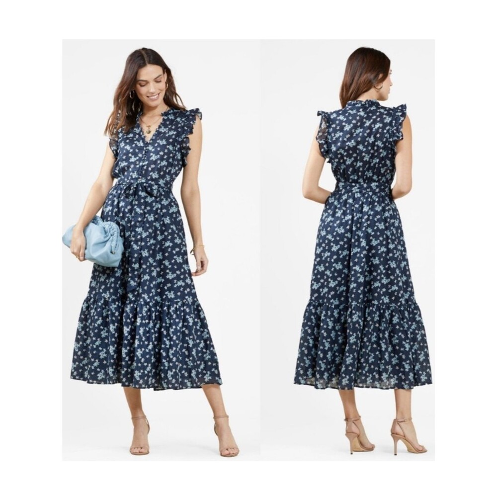 NWT Outerknown Canyon Midi Dress Organic Cotton V Neck Mineral Blue Superbloom